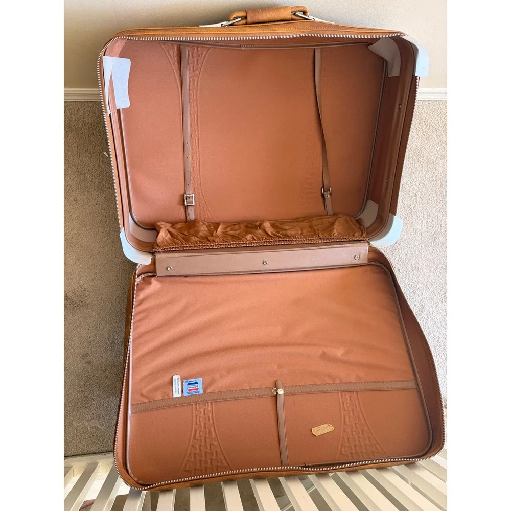 Vintage American Tourister 2 Piece Luggage Set Brown Faux Leather Woven Detail